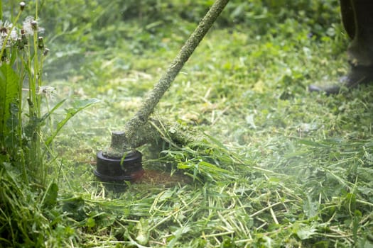 Mowing the grass with a lawn mower. Garden work concept background.