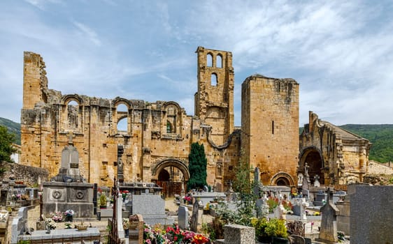 Alet les Bains, France - June 4, 2019: ruins of ninth century Benedictine abbey of Notre Dame in village of Alet les Bains in Aude France