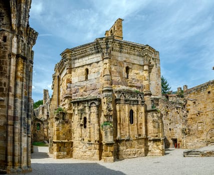 ruins of ninth century Benedictine abbey of Notre Dame in village of Alet les Bains in Aude France