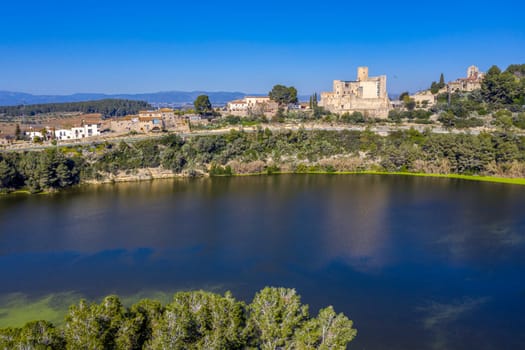 Aerial view of the foix swamp, Castle and Church of Sant Pedro, in Castellet Catalonia Spain