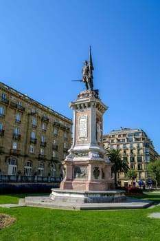 San Sebastian, Spain september 12, 2020: Square with monument to admiral Antonio de Oquendo in San Sebastian, Spain