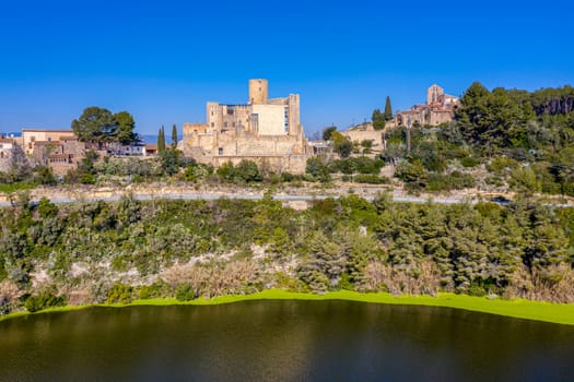 Aerial view of the foix swamp, Castle and Church of Sant Pedro, in Castellet Catalonia Spain