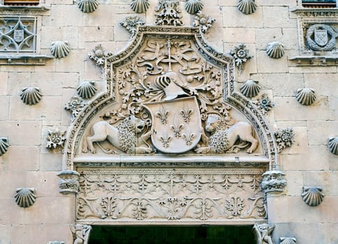 Facade of the Casa de las Conchas in Salamanca, Castilla y Leon, Spain. Dates from the end of the 15th century, it is a famous landmark of Salamanca