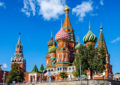 Moscow, Russia - September 13, 2018: St Basil's Cathedral and Moscow Kremlin, Russia. This place is the main tourist attraction of Moscow.