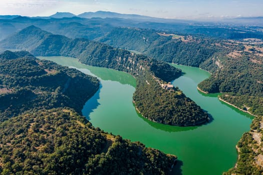 Aerial view of a Benedictine monastery of Sant Pere de Casserres on the Ter river.