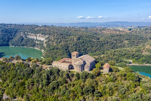 Aerial view of a Benedictine monastery of Sant Pere de Casserres on the Ter river.
