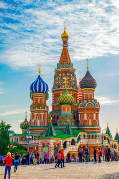 Moscow, Russia - September 13, 2018: St Basil's Cathedral and Moscow Kremlin, Russia. This place is the main tourist attraction of Moscow.