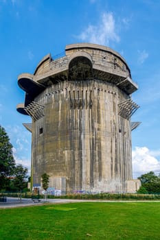 Vienna, Austria - September 16, 2019: Flak tower in the Augarten park, errected during the Second world war. Leopoldstadt district, city of Vienna, Austria.