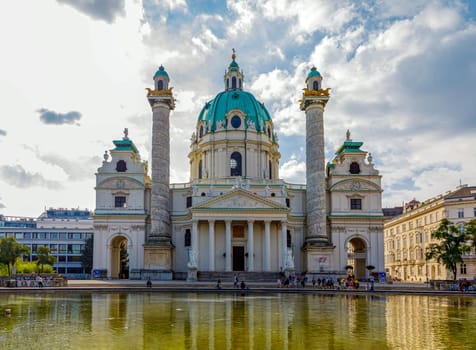Vienna, Austria - September 16, 2019: The Church of St. Charles Borromeo. On the Karlsplatz square