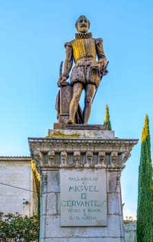 Statue of Cervantes Spain's most famous author in Valladolid Castile and Leon Spain. This statue is more than 100 years old no property release is required.