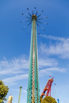 Vienna, Austria - September 18, 2019: The Vienna Prater is a modern theme park with over 250 attractions that provide adrenaline. Vertical Swing