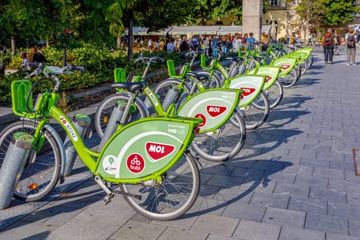 Budapest, Hungary - November 15, 2019: BuBi is a bicycle sharing network. Its name is a playful contraction Budapest and Bicikli, bicycle in Hungarian, meaning bubble in an endearing manner