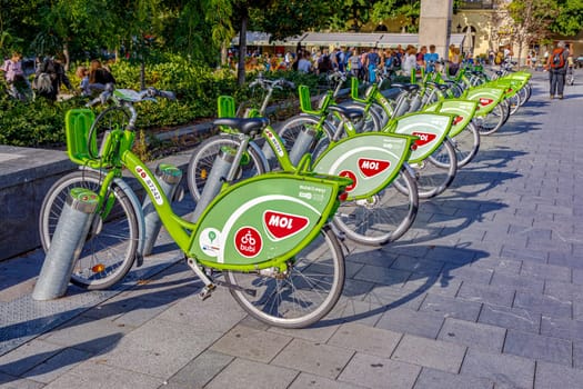 Budapest, Hungary - November 15, 2019: BuBi is a bicycle sharing network. Its name is a playful contraction Budapest and Bicikli, bicycle in Hungarian, meaning bubble in an endearing manner