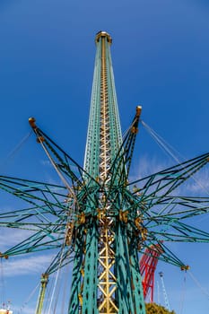 Vienna, Austria - September 18, 2019: The Vienna Prater is a modern theme park with over 250 attractions that provide adrenaline. Vertical Swing