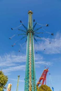Vienna, Austria - September 18, 2019: The Vienna Prater is a modern theme park with over 250 attractions that provide adrenaline. Vertical Swing