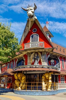 Vienna, Austria - September 18, 2019: The Vienna Prater is a modern theme park with over 250 attractions that provide adrenaline. Geisterschloss horror attraction