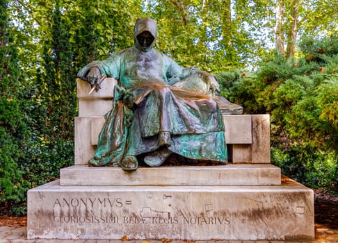 Budapest, Hungary - November 15, 2019: Statue of Anonymous, Vajdahunyad Castle, Budapest, Hungary .installed in 1903