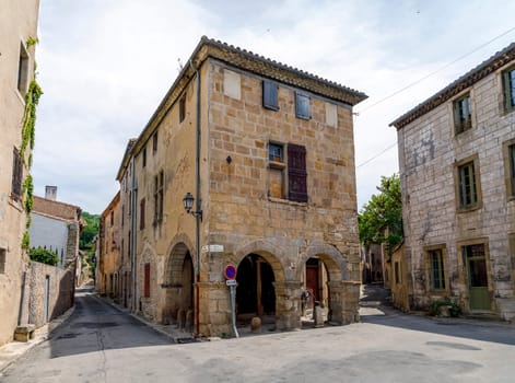 street scene architecture in narrow streets of small town of Alet-les-Bains in department of Aude in Aveyron France
