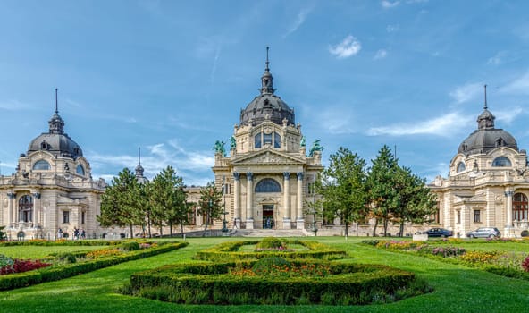 Budapest, Hungary - November 15, 2019: Szechenyi Medicinal Bath in Budapest. The bath, located in the City Park, was built in Neo-baroque style to the design of Gyozo Czigler.