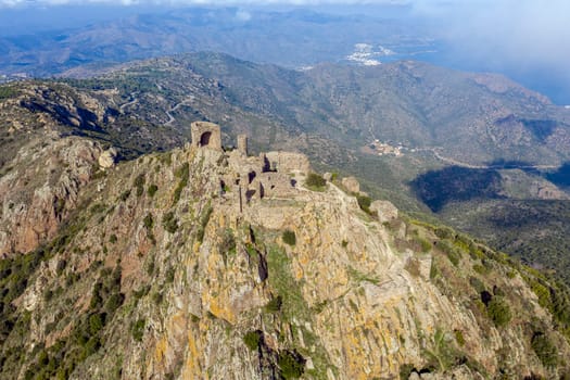 The ruins of the castle de Verdera located at the top of a steep rocky spur, Spain, Catalonia, Alt Emporda, Girona