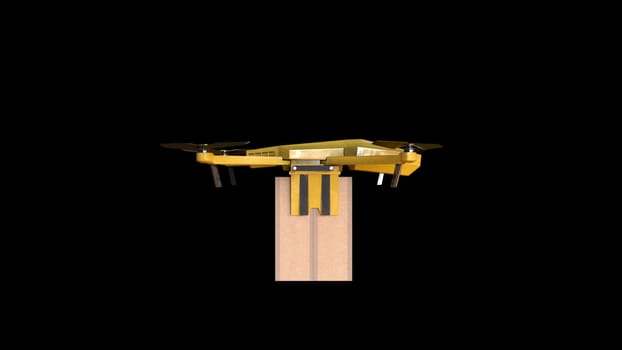 Modern 3d render quadrocopter carries box with order. Digital controlled robotic fast logistics. Unmanned multicopter with powerful propellers for transportation and tracking.