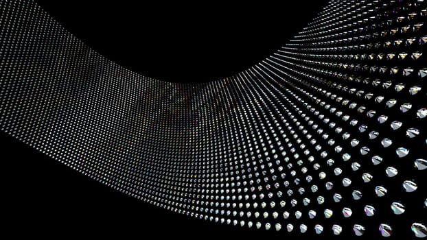 Geometric 3d render of wide strip dotted with even rows precious stones. Fields brilliant crystals swirling in darkness space. Rich design elite presentation with creative curves.