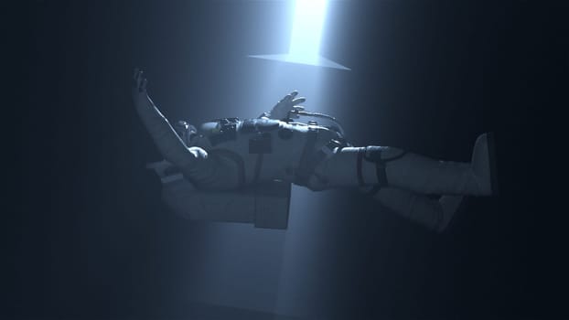Alien 3d render artifact attracts spaceman in spacesuit with ray. Ancient extraterrestrial technology with levitation effect. Opens astral divine light tunnel after death.