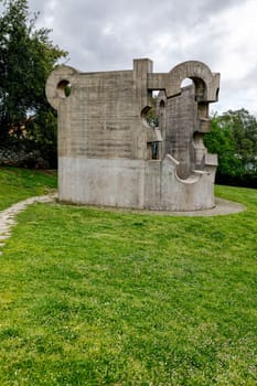 Guernica, Spain - April 09, 2018: Sculpture by Eduardo Chillida, work Gure aitaren etxea (La casa de mustro padre), commissioned by the Basque Government on the anniversary of the bombing of Gernika