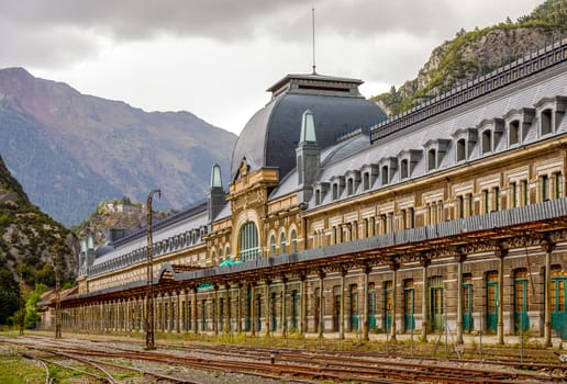 Canfranc, Spain - August 30, 2017: Abandoned railway station of Canfranc Huesca Spain