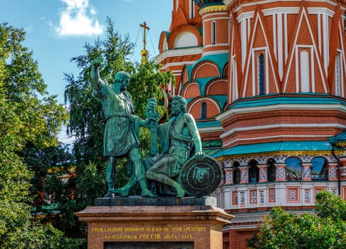 Moscow, Russia - September 13, 2018: Minin and Pozharsky and St. Basil Cathedral on Red Square in Moscow