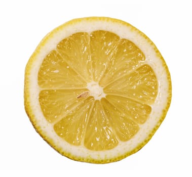 Lemon half fruit sliced isolate on white background seen from above flatlay style, close up.