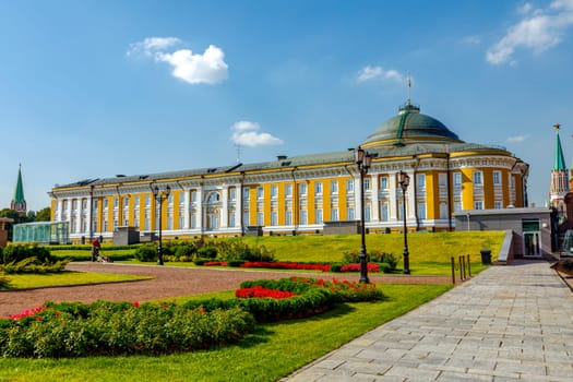 Moscow, Russia - September 15, 2018: A view inside the Moscow Kremlin. Palace of the Senate. The Kremlin wall. Putin's residence.