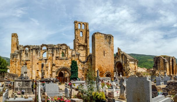 Alet les Bains, France - June 4, 2019: ruins of ninth century Benedictine abbey of Notre Dame in village of Alet les Bains in Aude France