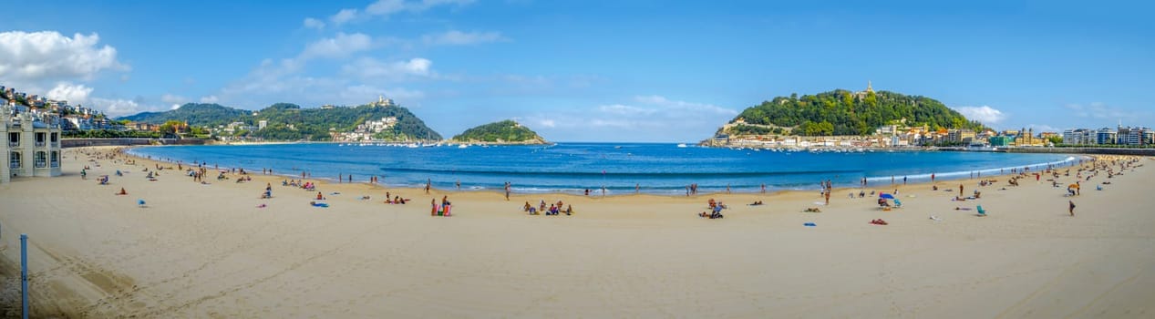 San Sebastian, Spain - September 13, 2020: Ocean near the bay of La Concha and the island of Santa Clara . Basque Country.