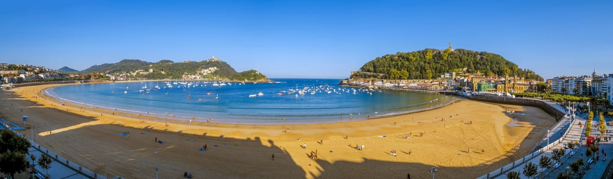 San Sebastian, Spain - September 13, 2020: Ocean near the bay of La Concha and the island of Santa Clara . Basque Country.