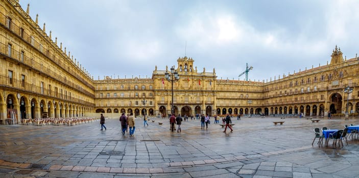Salamanca, Spain - January 11, 2019: The Plaza Mayor is an urban space built between 1729 to 1756, in the Baroque style. by architect Alberto Churriguera