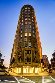 Boston, MA, September 28, 2020: View of historic Park Plaza Hotel in downtown Boston at twilight