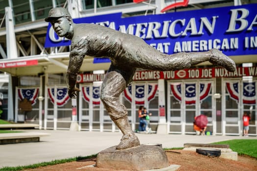 Cincinnati, Ohio, August 29, 2020: Joe Nuxall statue in front of the Great American Ball Park stadium, the home to Cincinnati Reds baseball team