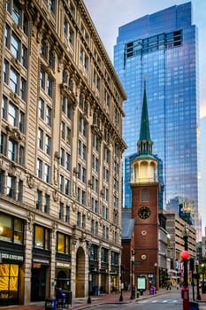 Boston, MA, September 28, 2020: View of Old South Meeting House with Millennium Tower in the background