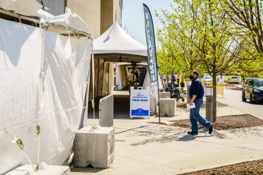 Lexington, Kentucky, April 9, 2021: Entrance to the University of Kentucky vaccination center at Kroger Field Stadium in Lexington, Kentucky