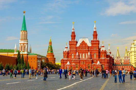 cow, Russia - September 15, 2018: View of the State historical Museum and the Moscow Kremlin from Red square