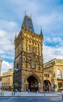 Prague, Czech republic - September 12, 2019: Celetna street and Powder Tower, Gothic city gate to the old Prague.