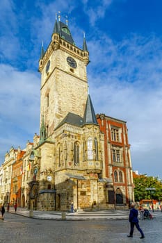 Prague, Czech republic - September 12, 2019: Famous astronomical mechanical clock on tower in old town, decorations in the form of figures and stucco in the center of Prague.