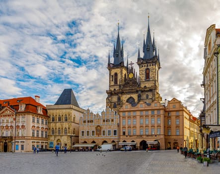 Prague, Czech republic - September 12, 2019: Old Town Square with gothic Church of Our Lady before Tyn and famous buildings in city center Prague