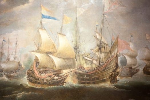Naval combat between Spanish and Dutch ships. Anonymous dutch artist. Mid-17th Century. Oil on canvas