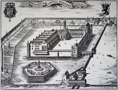 The Prinsenhof, historic building in Ghent, which served as the official residence of the Counts of Flanders from the 15th century. Engraving at Flandria Illustrata, a historiographical work by Antonius Sanderus, 1641