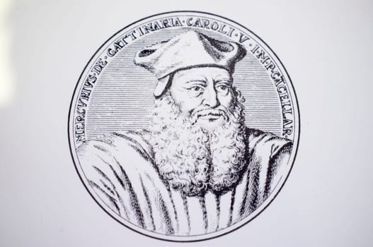 Mercurino di Gattinara, italian chancellor of the Holy Roman Emperor Charles V. Frans van Mieris engraving