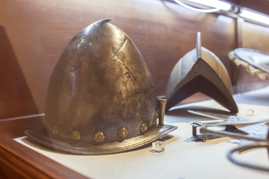 Madrid, Spain - March 6th, 2021: Spanish cabasset, 16h Century pointed helmet. Naval Museum of Madrid, Spain