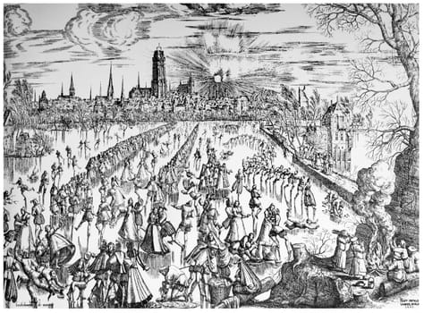 Ice skating people at Mechelen in 16th Century. Pieter van der Borcht the Elder, 1559