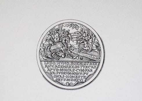 Battle of Mohacs depicted over conmemmorative medal for Louis II of Hungary death, 1526. Frans van Mieris engraving
